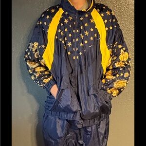 Stylish celestial  Sun Jumpsuit 1990s Navy with yellow suns and stars